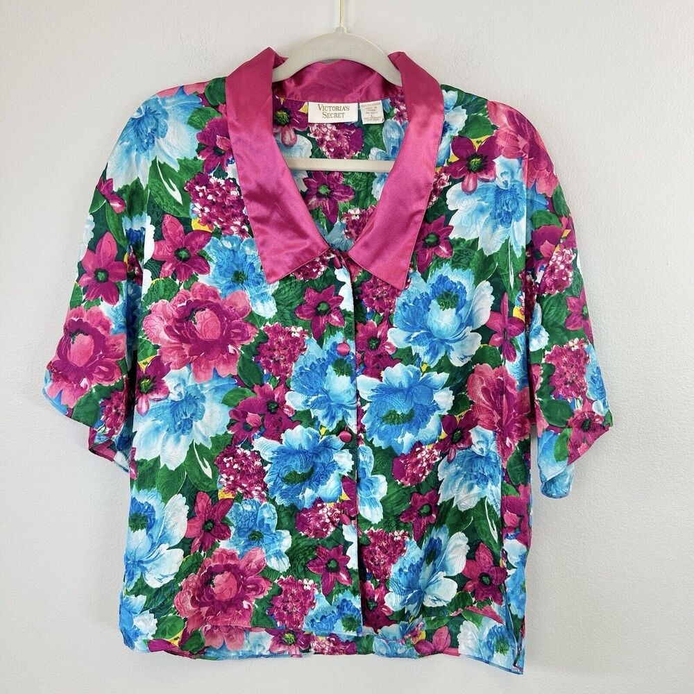 Vintage Victoria's Secret Top Womens‎ L Pajama Pink Blue Floral Button Sleepwear
